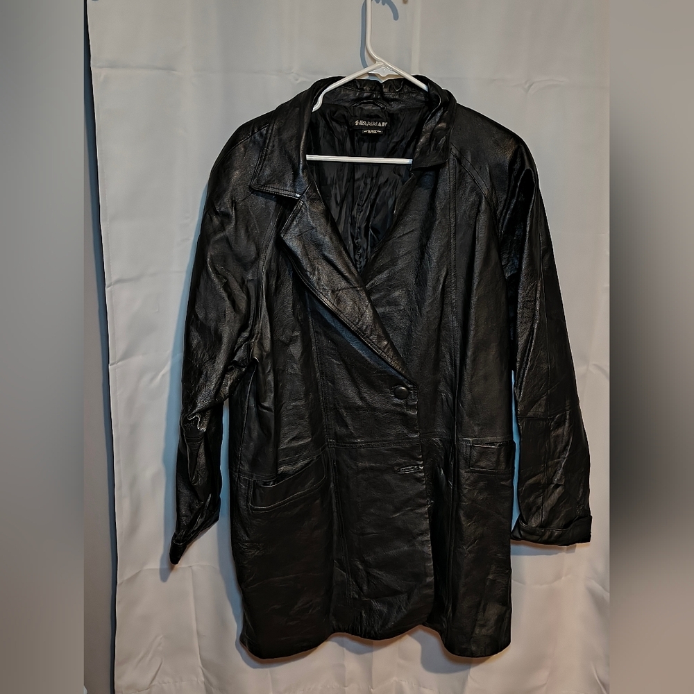 Savannah Coat Womens 1x Black Leather Jacket Button Up Longer Length Y2K